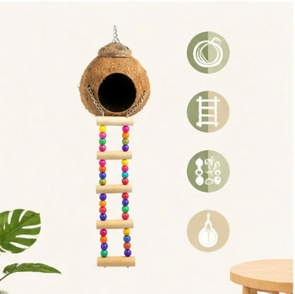 Natural Wooden Parrot Nest with Coconut Shell Ladder for Small Birds, Cockatiels, Lovebirds – Bird Playground