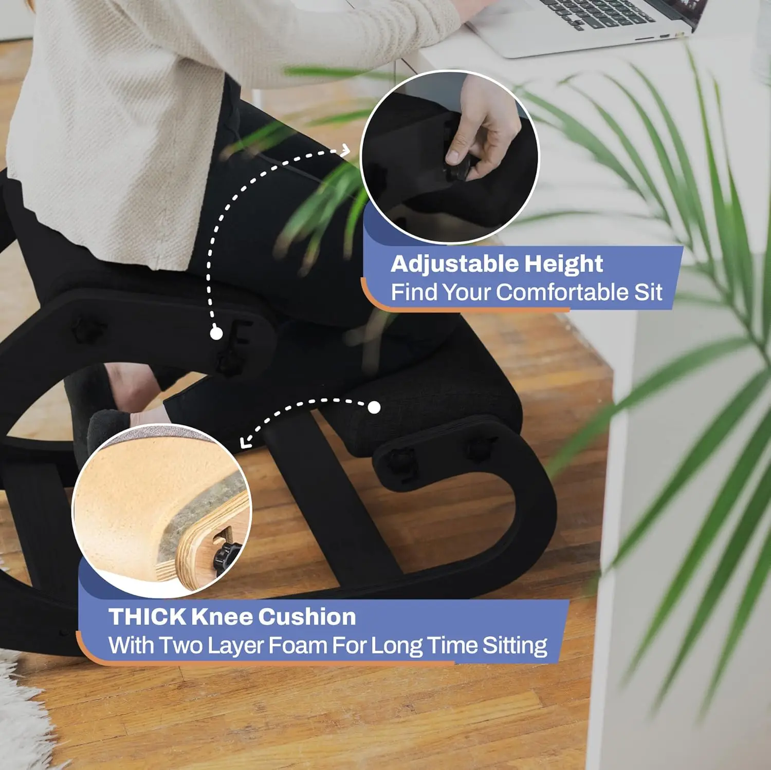 Ergonomic Wooden Kneeling Chair Adjustable Office Stool Rocking Feature Desk Chair for Back Pain Relief Grey Posture Pilates view 5