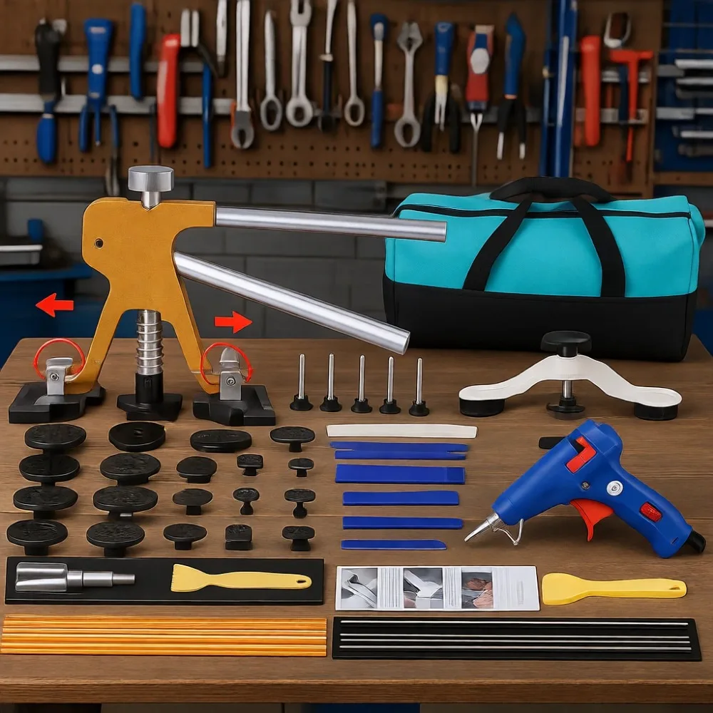 

45 Piece Paintless Dent Removal Kit Adjustable Width Bridge Puller Glue Gun for Auto Body Motorcycle Refrigerator