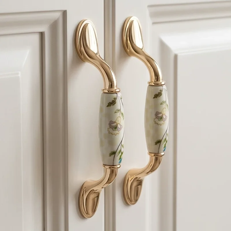 Bright Gold Flower Cabinet Handles and Knobs White Ceramic Luxury Cupboard Pulls Elegant Wardrobe Handles Furniture Hardware