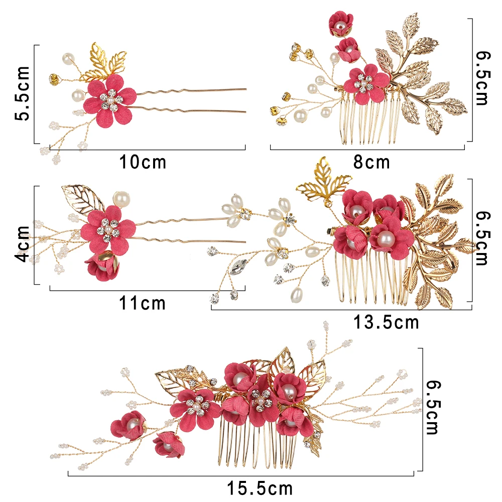 1Pc Flower Hair Pin Fashion Flower Leaves Hair Comb Romantic Alloy Bridal Tiara Wedding Hair Jewelry Blue Pink Rose Red Purple