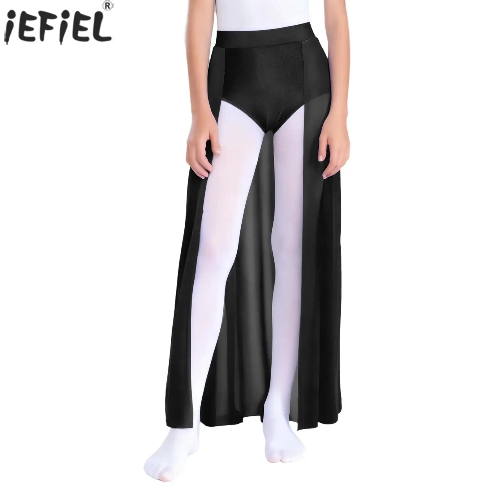 

Юбка для современного лирического танца для девочек, эластичный пояс, открытые передние юбки, встроенные трусы для балета, катания на коньках, гимнастики