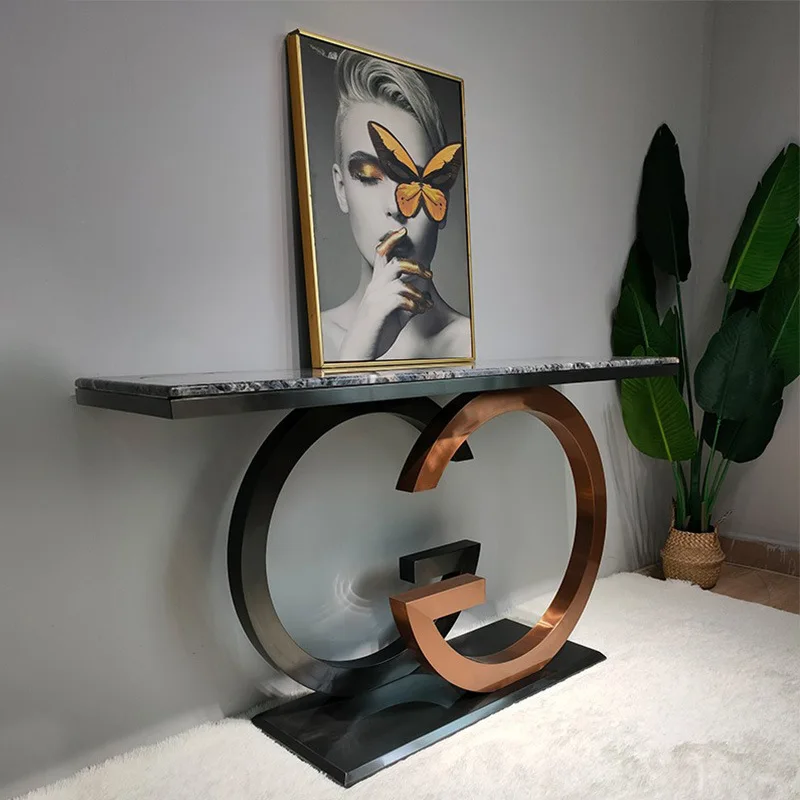 

Modern simple entry strip case against the wall Entrance table Light luxury entrance table Italian stainless steel creative