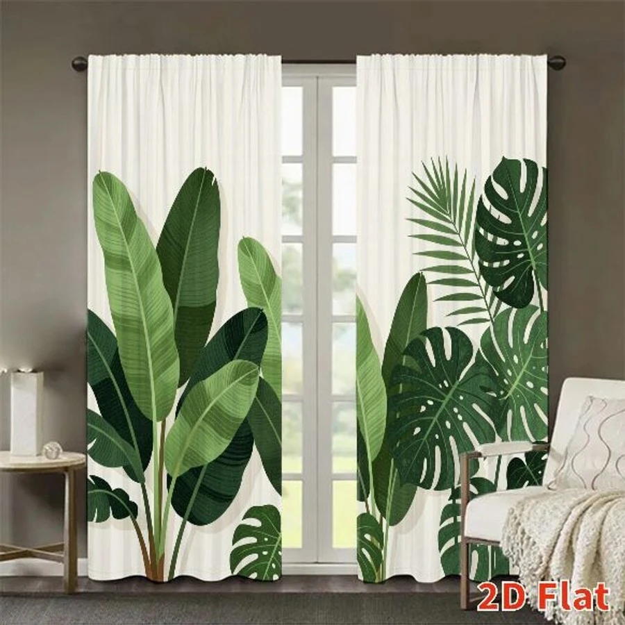2PCS Digital Printed Curtains, Minimalist Green Branch Simple Scandinavian, Home Decor Style for Living Room Bedroom Decor