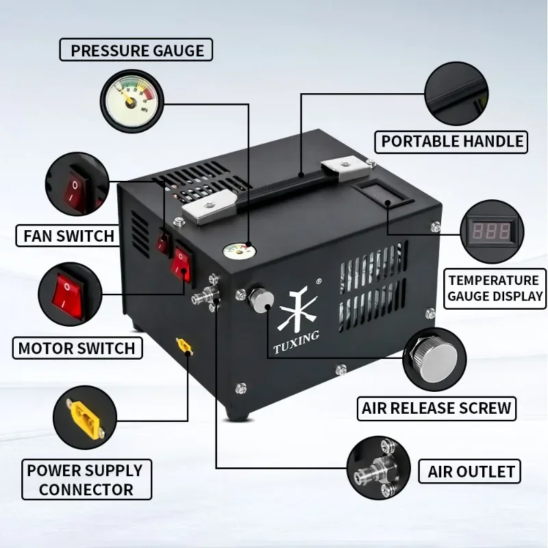 Custom Logo Oil-free 4500psi 300bar 30mpa 220V 12V DC Fast Inflation Household Socket Car Paintball Pcp Air