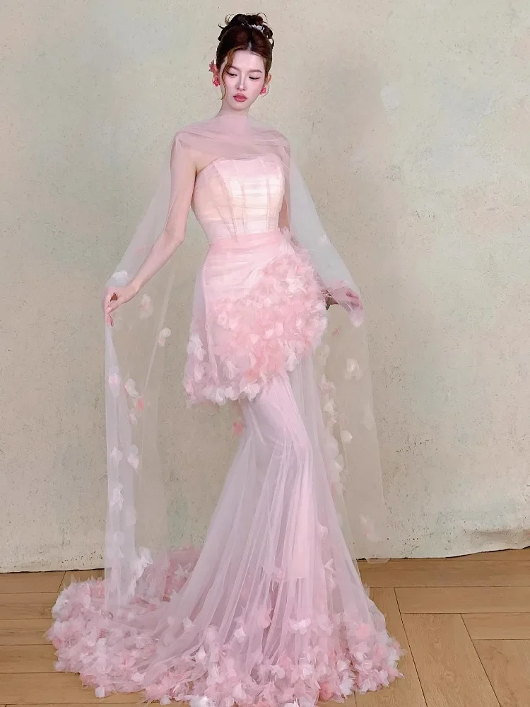 Розовые длинные свадебные платья по индивидуальному заказу, женские тюлевые цветы без бретелек со складками, Русалка, вечерние платья для выпускного вечера, танцевальные свадебные вечерние платья
