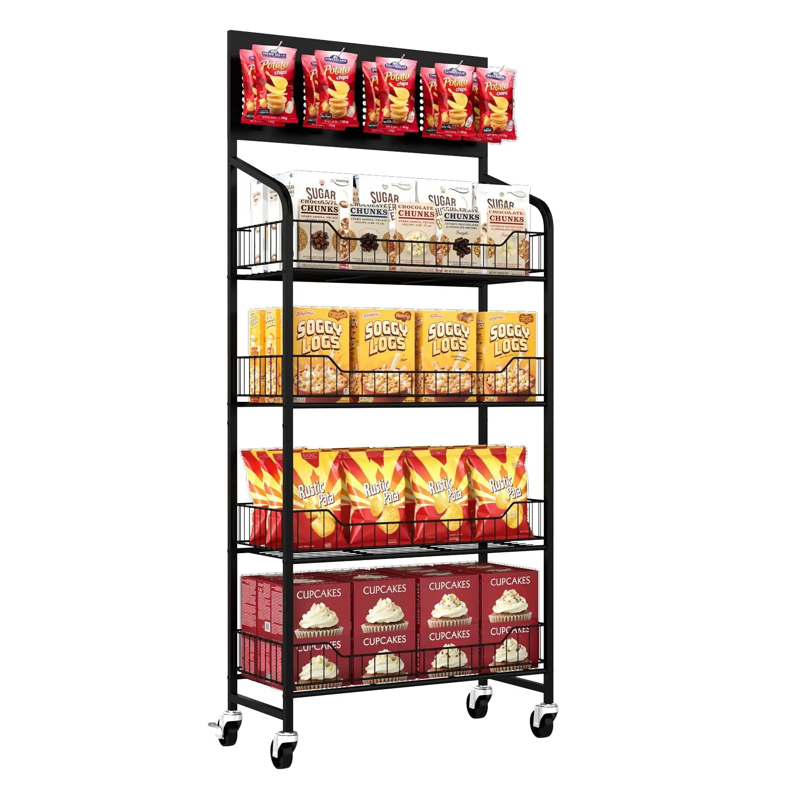 4 Tier Retail Display Rack with Wheels, Snack Organizer Stand, Candy Potato Chip Metal Retail Display Shelf with 12