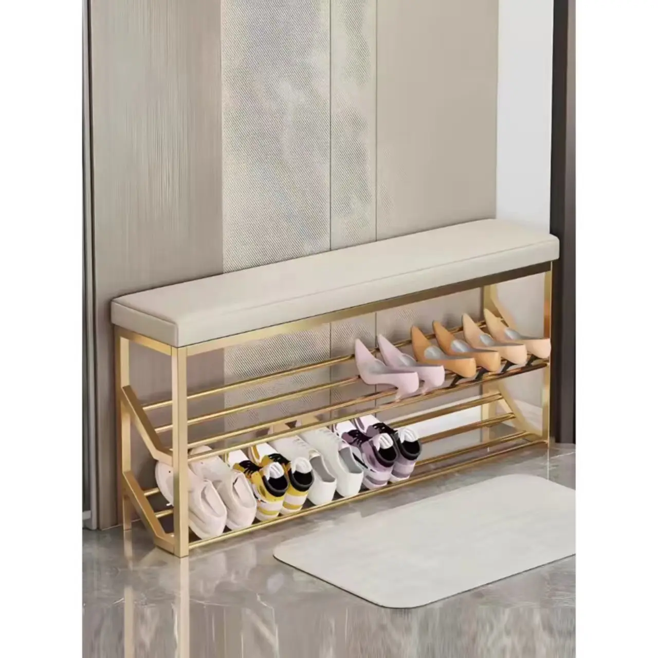 Shoe Rack Bench 2-Tier Gold Metal With Soft Upholstered Cushion Entryway Living Room Shoe Storage Organizer For Home Hallway