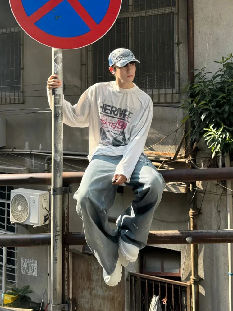 الشارع الشهير تي شيرت Y2K القط رسالة الرجعية الجرافيك طباعة المتضخم التي شيرت رجل إمرأة جولة الرقبة قميص قطني بكم طويل بلايز الخريف #3