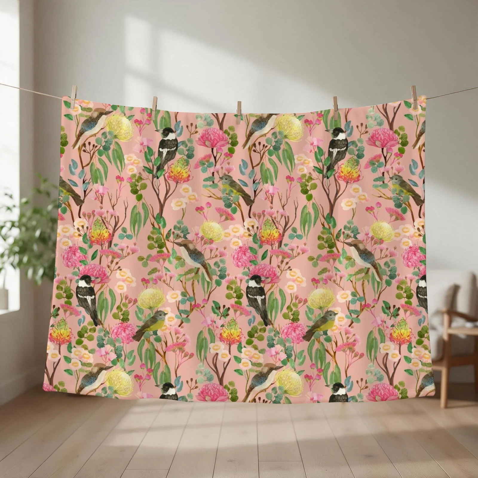 Australian Birds and Blooms Native Flora Chinoiserie Throw Blanket couch cozy soft plush fuzzy picnic outdoor blanket