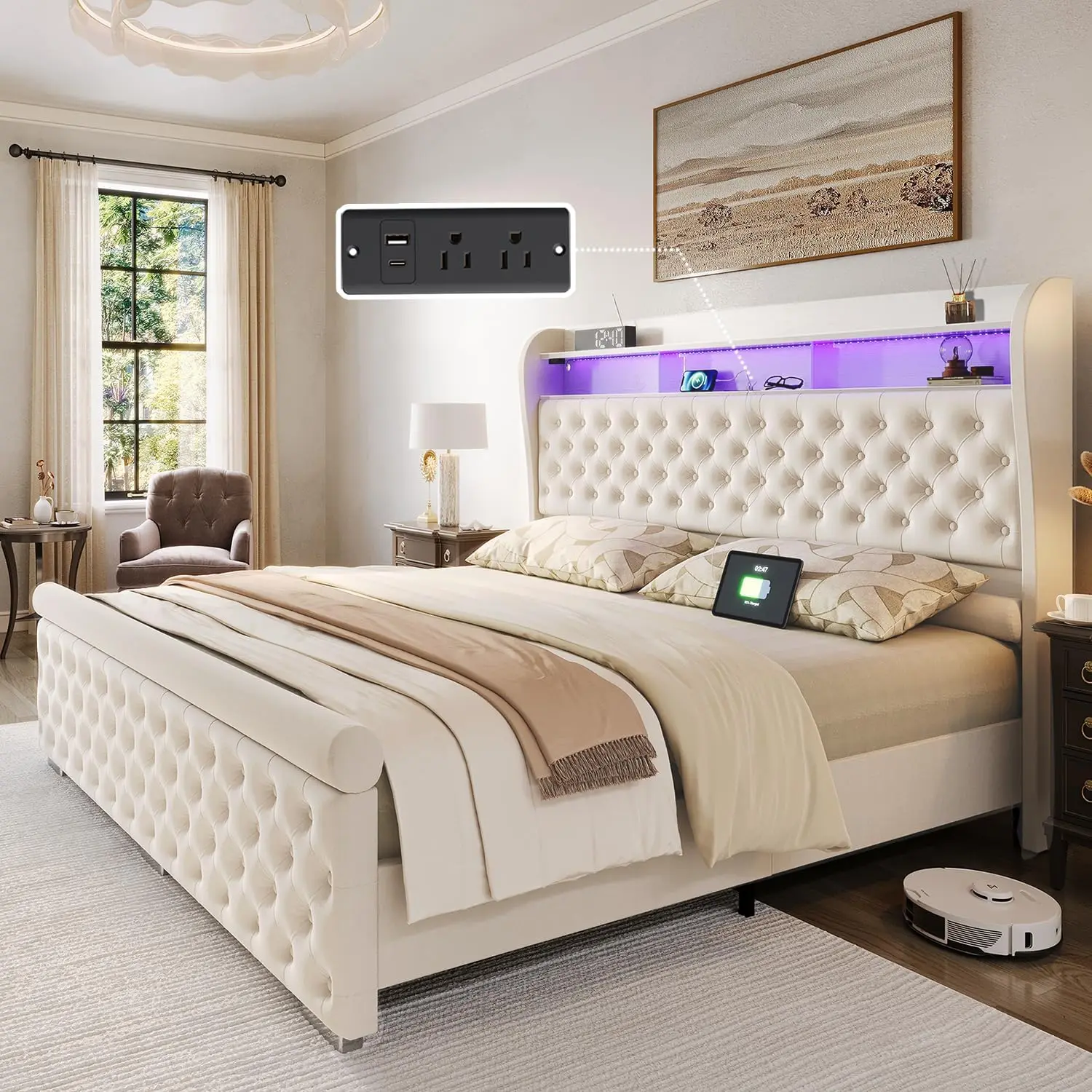 

Каркас кровати со хранилищем и зарядной станцией, высота 50,6 дюйма, бархатная мягкая кровать-сани с книжным шкафом со спинкой, изголовьем со светодиодной подсветкой L