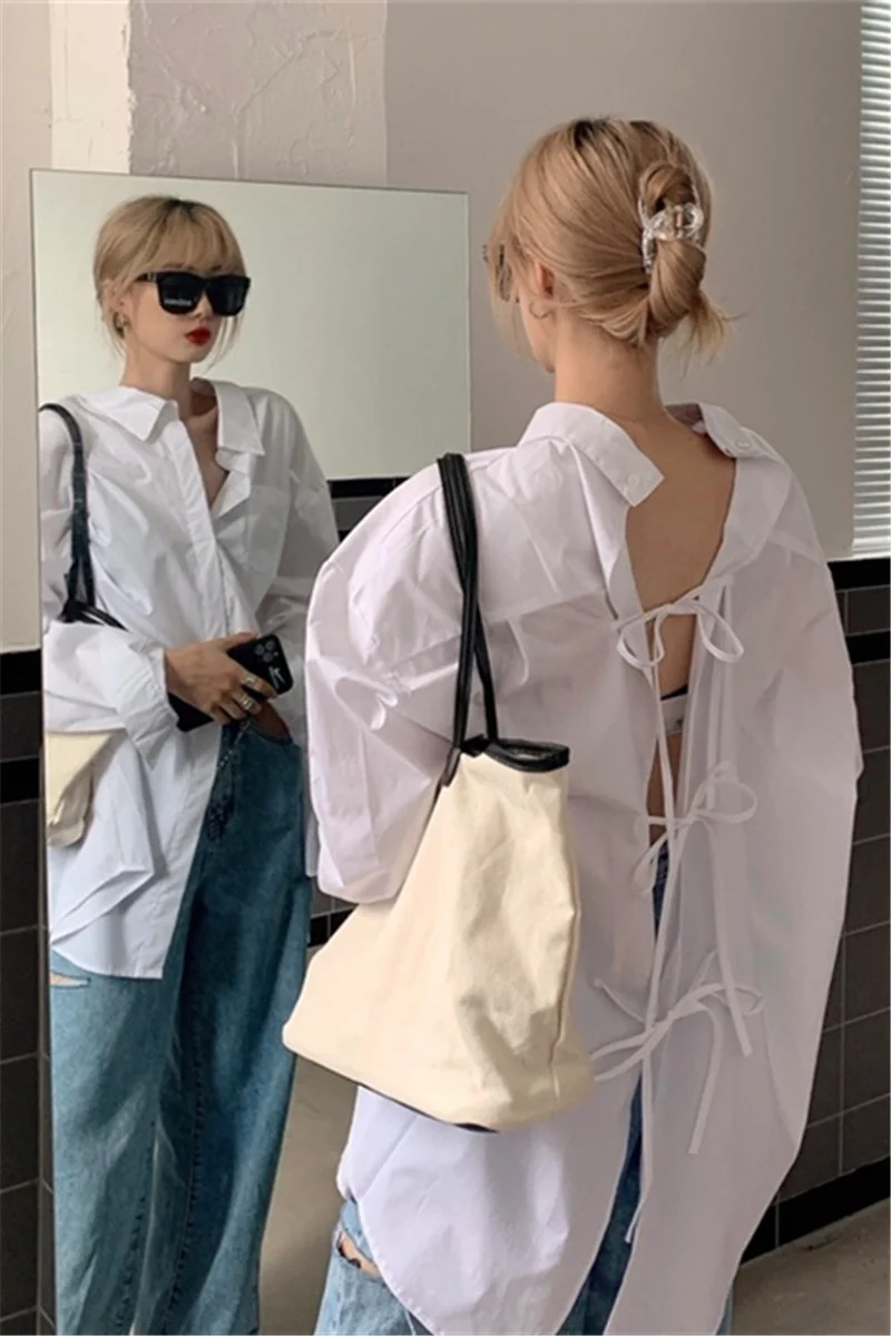 Back Lace Up White Shirts Women Camisas De Mujer Loose Lazy Two Wear Wild Blusas Moda 2024 Casual Top Simple