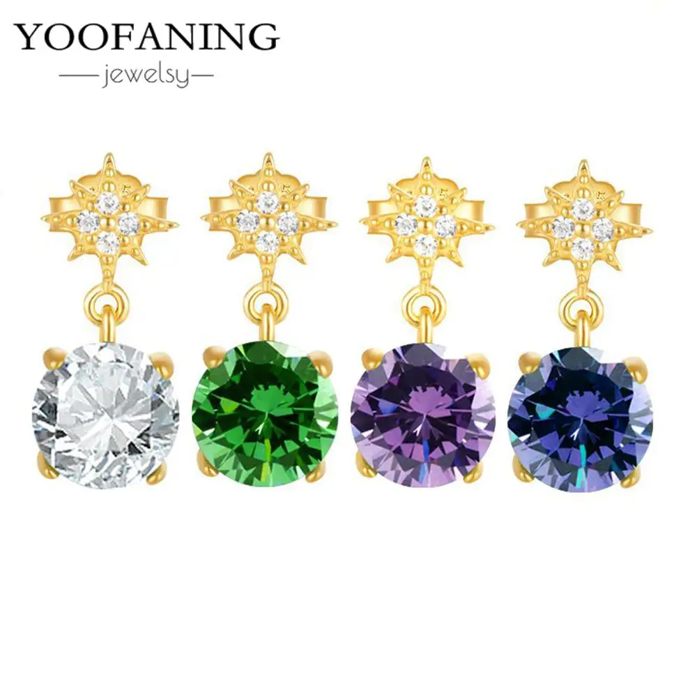 

925 Sterling Silver Needle Luxury Round Color Zircon Pendant Octagonal Star Crystal Fashionable Women's Earrings Single Item
