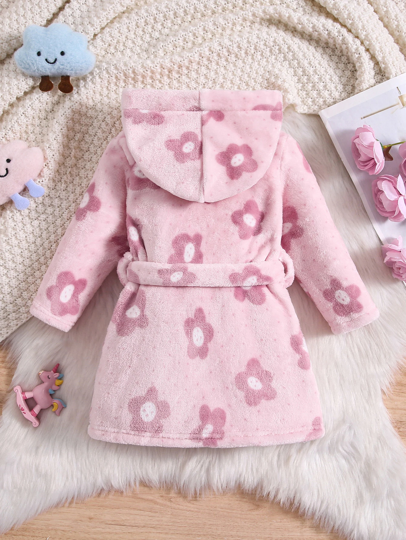 Baby 9M To 3Years Cozy Girls Fruits Hooded Bathrobe - Warm Flannel Nightgown with Belt - Perfect for Autumn & Winter Sleepwear