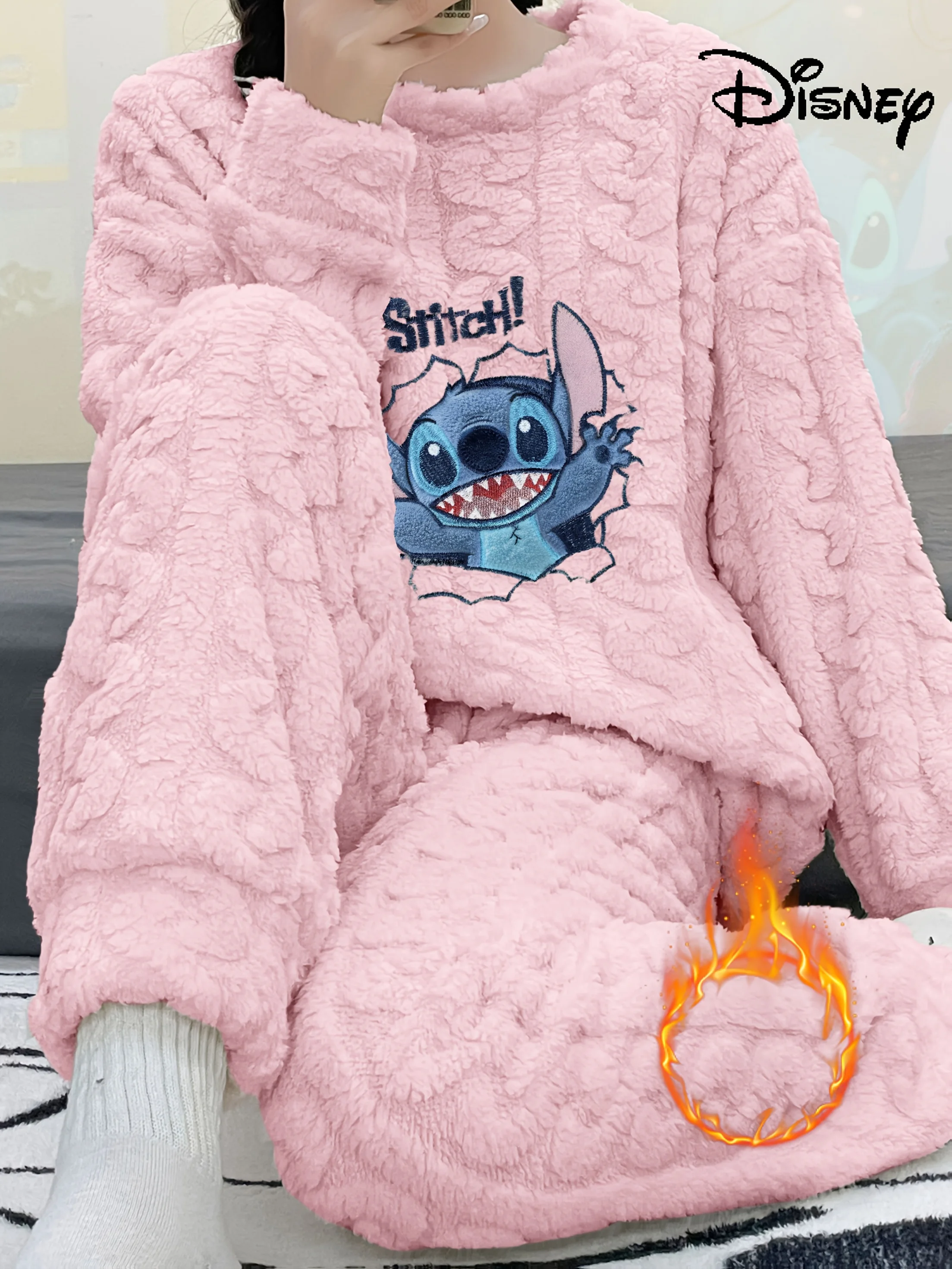 

Women's Stitch embroidered velvet pajama set, featuring a long-sleeve top and matching pants, comfortable winter sleepwear