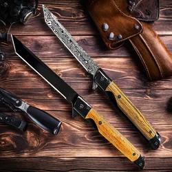 Solid Sandalwood Handle Folding Knife Black Pattern Folding Knife Multipurpose Outdoor Camping Stainless Steel Knife With Cover