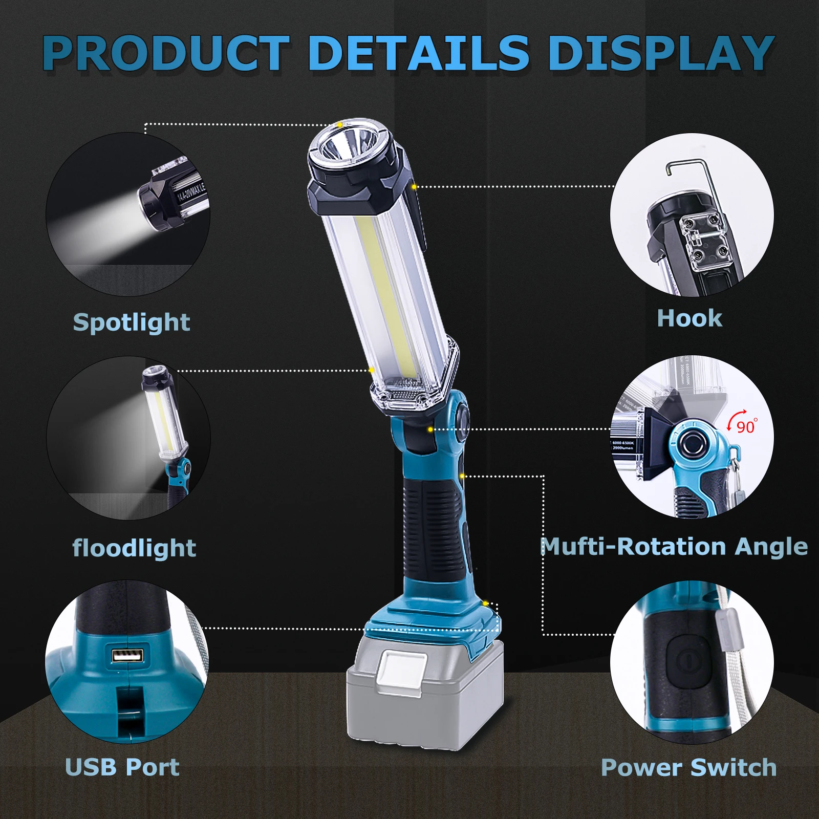 마키타 무선 LED 작업등, 14.4V-18V 리튬 배터리, 2000LM USB 손전등, 야외 넓은 조명 손전등