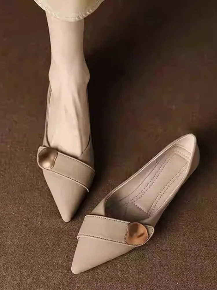 Pointed Toe Low Heel Pumps for Women, New Metal Buckle Soft Leather Office Shoes, French Style Chunky Heel Work Flats