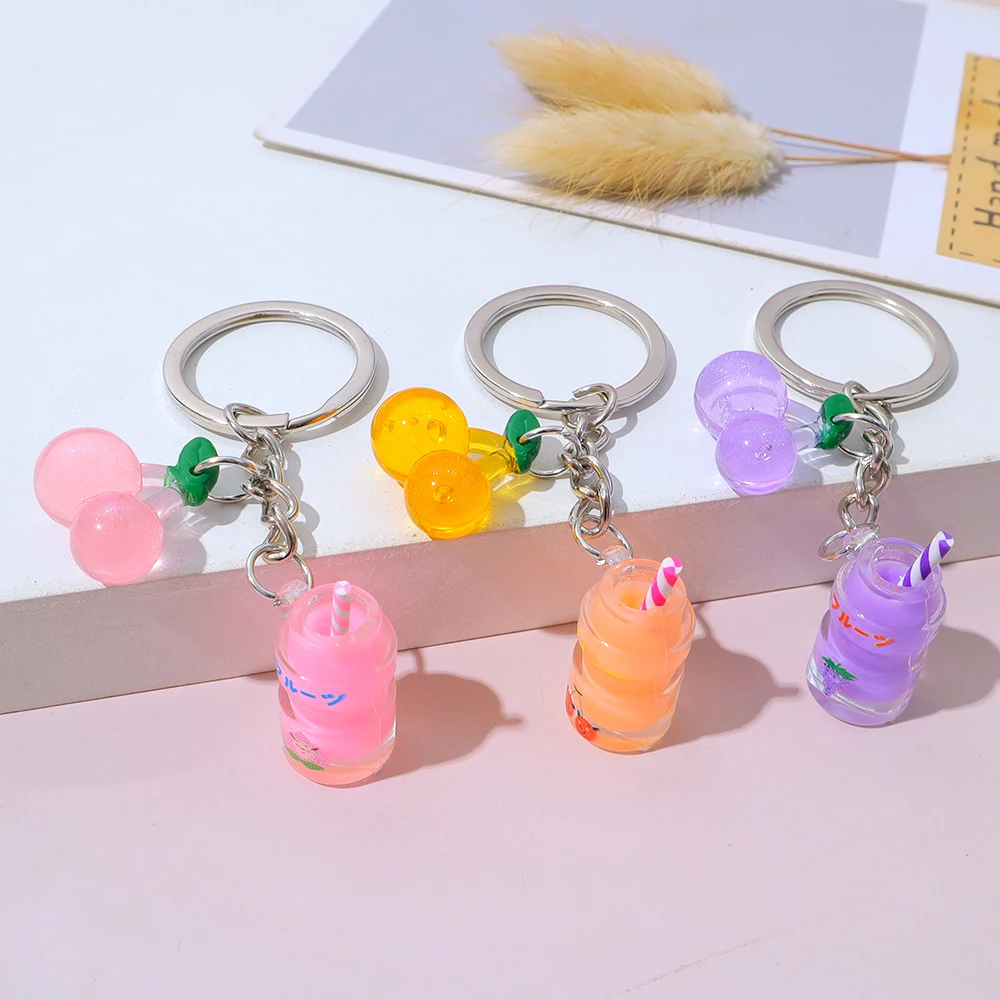 Colorful Drink Bottle Charms Acrylic Keyring Creative Cherry Keychain Handbag Ornaments Car Trinket Party Gifts Accessories
