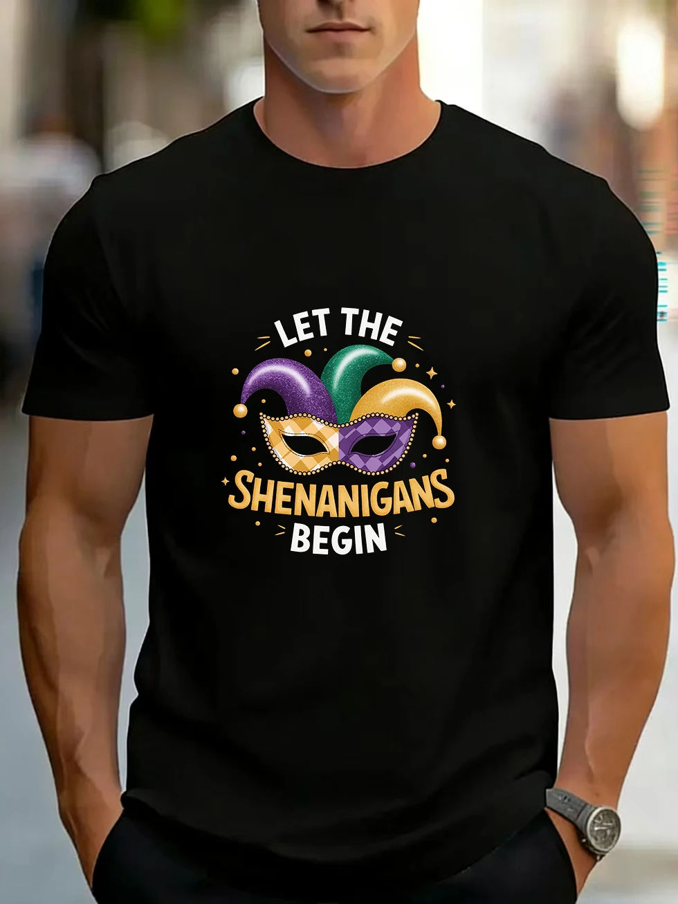 Men's Short-Sleeved T-Shirt, Mask Carnival Decorative Font, Same Style for Men and Women Couples, Pure Cotton