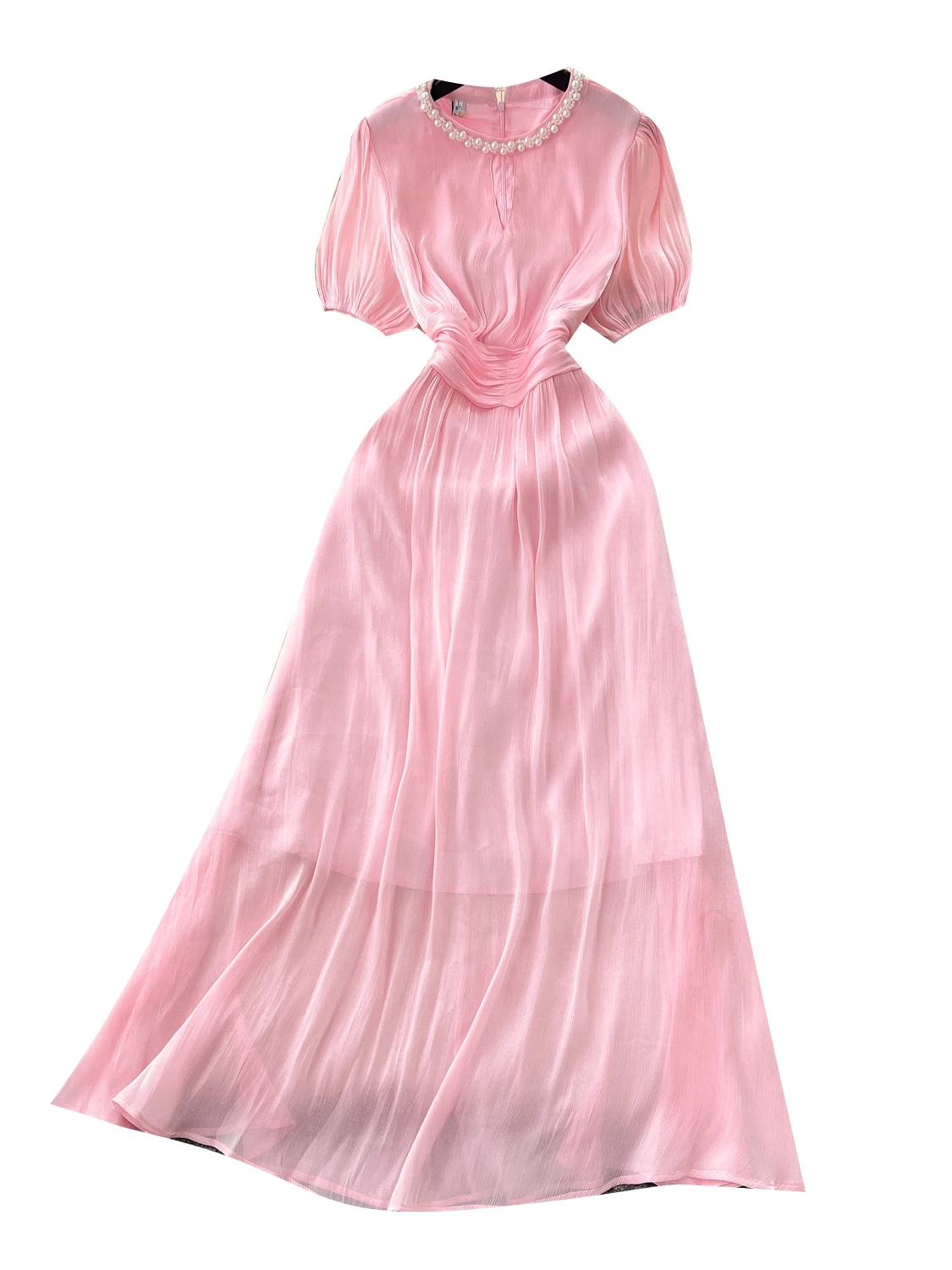 Ele Satin Feel Bubble Sve Dr femmes été minceur taille haute a-ligne Midi Dr coréen Sle ort Sve