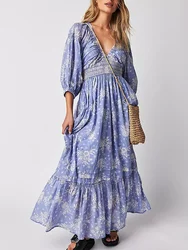 GypsyLady Floral Chic Boho Maxi Dress Navy V-neck Long Sleeve Spring Autumn Party Sexy Holiday Women Ladies Dresses Vestido New