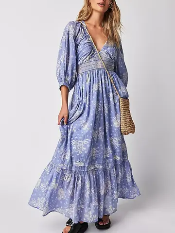 GypsyLady Floral Chic Boho Maxi Dress Navy V-neck Long Sleeve Spring Autumn Party Sexy Holiday Women Ladies Dresses Vestido New