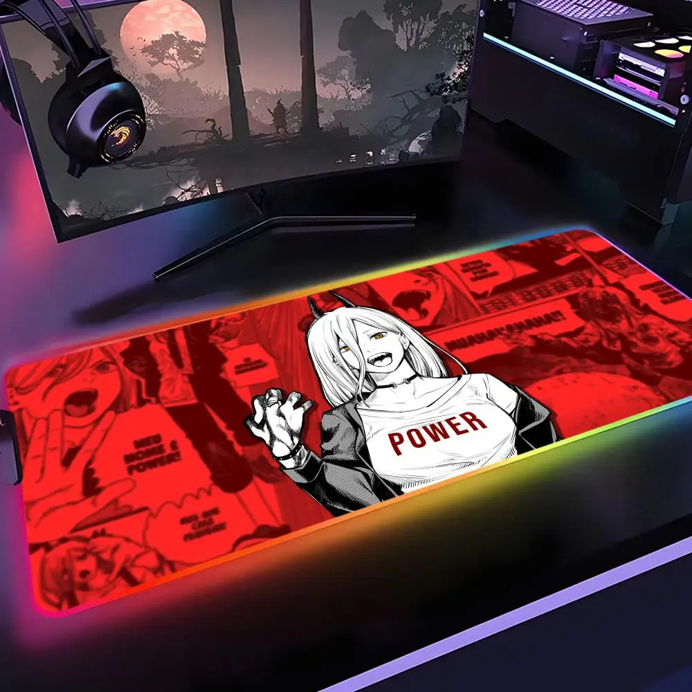 Chainsaw Man Power Mouse Pad Gamer Rgb Desk Mat Back Light Led