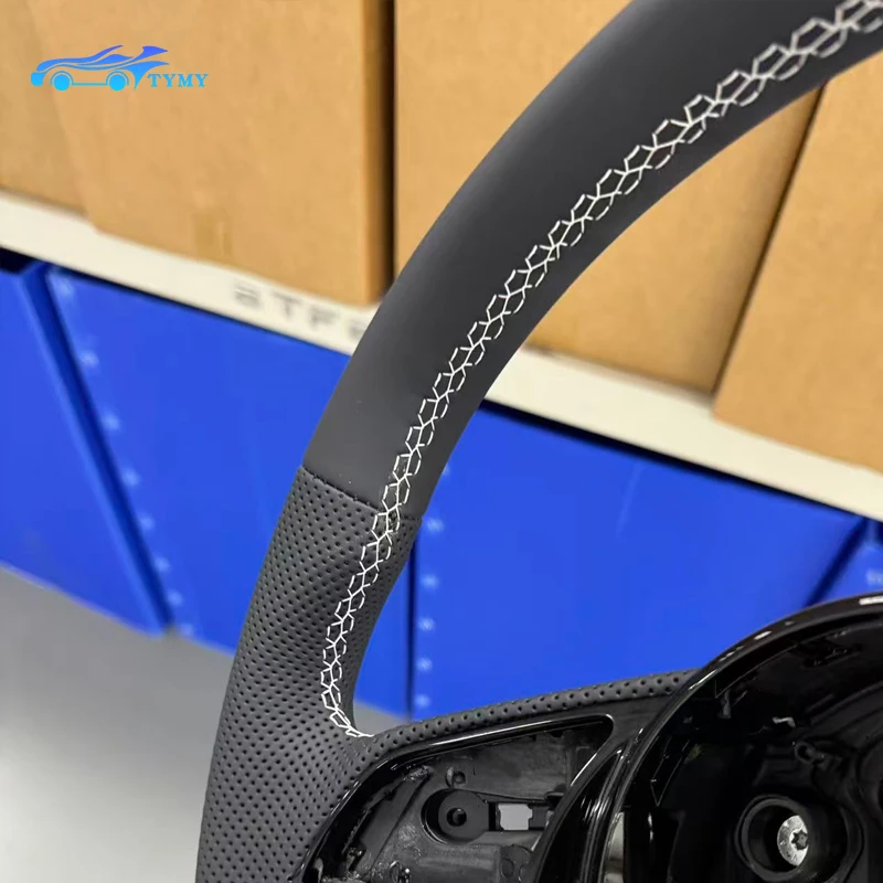 For Audi RS3 RS4 RS5 A3 A4 B9 A5 S3 S4 S5 2017-2020 flat-bottom sports perforated leather steering wheel, white stitching view 6