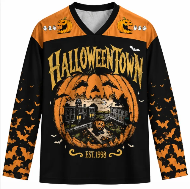 Halloweentown Retro Halloween Pumpkin Town Graphic Long Sleeve V-neck Hockey Shirt, Vintage Witch Movie Fan Top