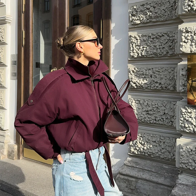 

Women Solid Color Bomber Short Jacket High Collar Pocket Zipper Full Sleeve Coats Lady 2025 New Winter Fashion Highstreet Wear