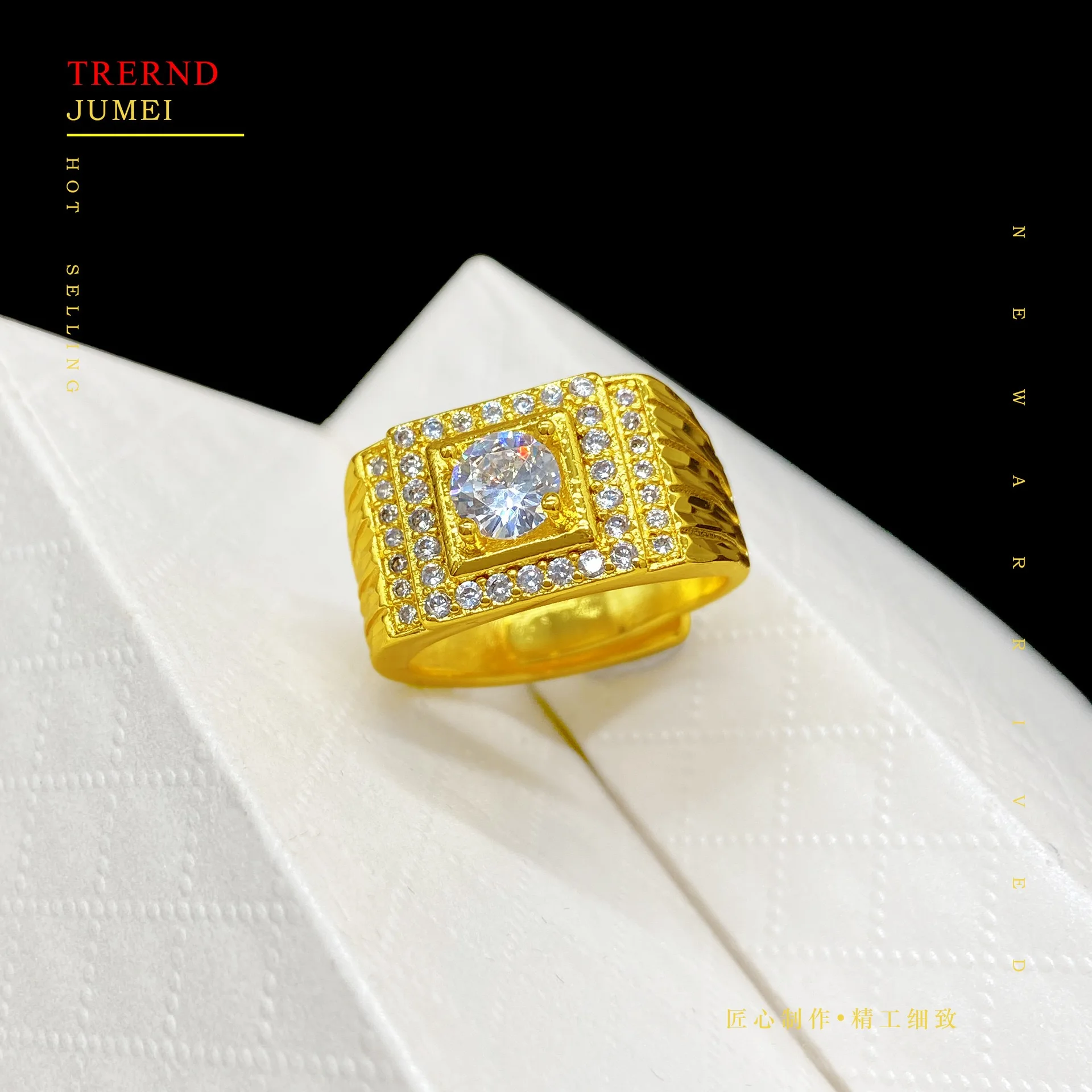 

9999 pure gold ring, natural crystal diamond, moissanit diamond inlaid with adjustable opening, 24K men's gold jewelry ring