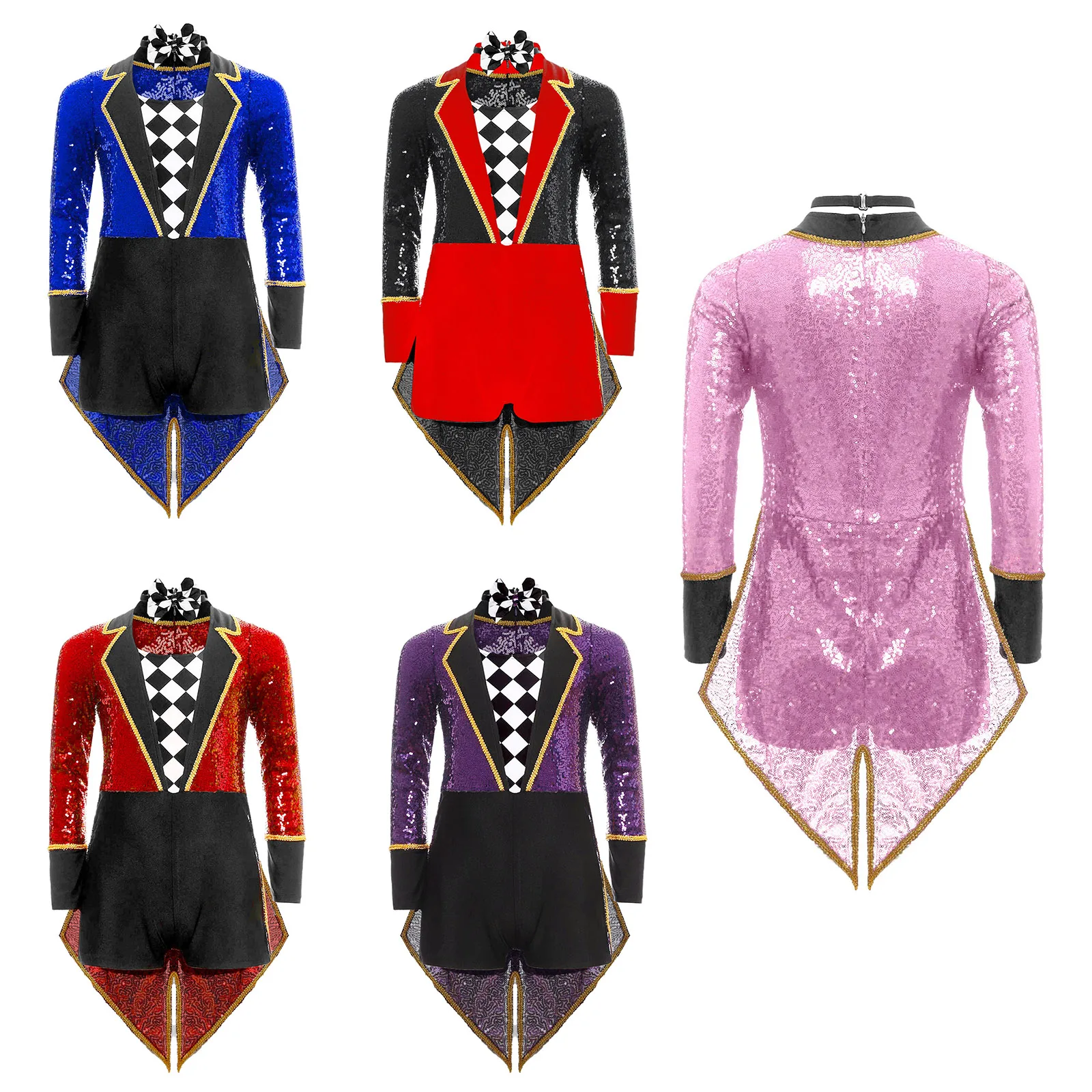 

Boys Girls Halloween Circus Costume Magician Cosplay Tailcoat Jumpsuit Long Sleeve Sequins Checkerboard Bodysuits with Bow Tie