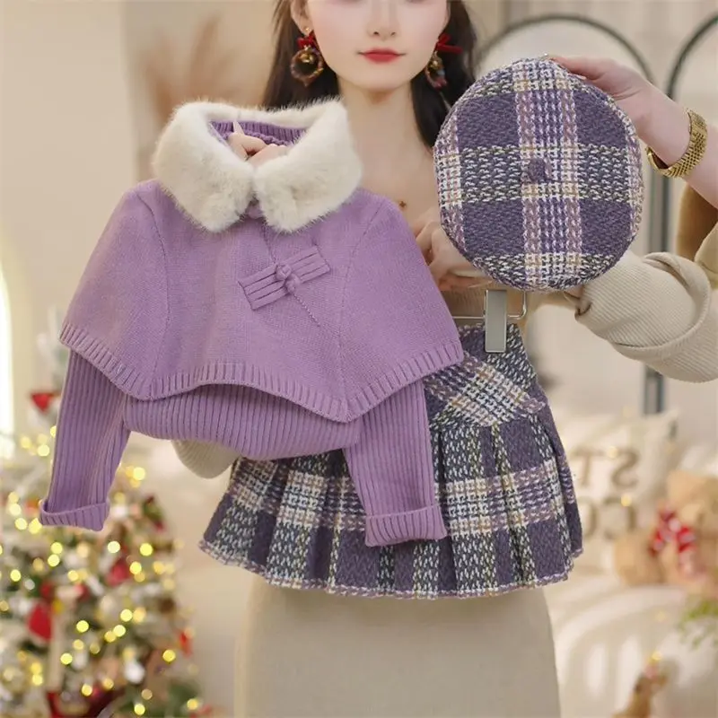 Korean Girls 2026 Autumn Winter New Purple Faux Fur Collar Fake Two Piece Cape Sweater Little Girl Plaid Pleated Skirt Set