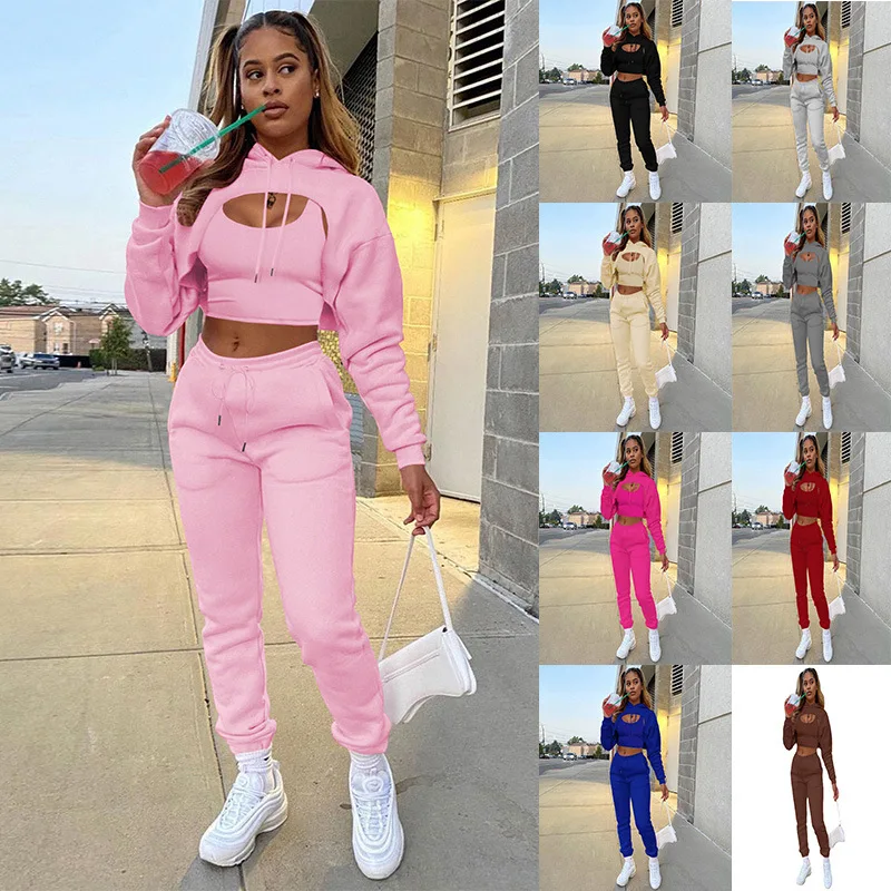 Women 3 Pieces Sets Sweatpants and Hoodie Set Cropped Tops Fleece Pants Suit Tracksuit Fitness Sport Jogger Outfit Clothing