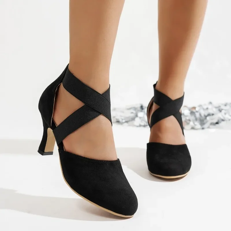 

Женская обувь Baotou большого размера, женские нескользящие износостойкие босоножки на высоком каблуке с круглым носком и неглубоким носком, с одним ремешком