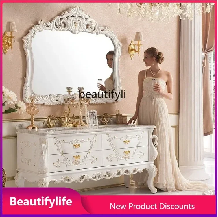 

xxEuropean-Style Bathroom Cabinet Wash Basin Antique Marble Countertop Oak Carved Bathroom Table