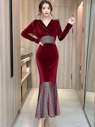 가을 겨울 레드 벨벳 패치워크 밝은 실크 러플 맥시 드레스 여성 한국 빈티지 드레스 2026 우아한 럭셔리 이브닝 드레스