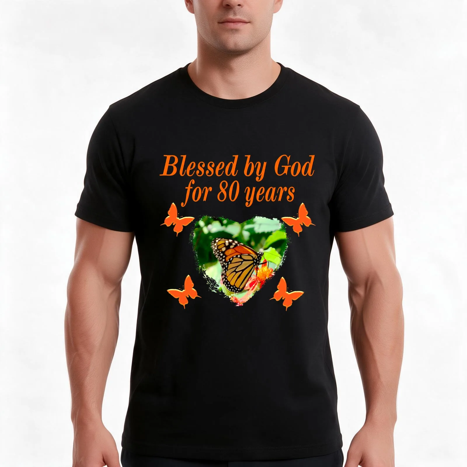 BLESSED BY GOD 80TH BIRTHDAY BUTTERFLY T-Shirt, Summer Casual Cotton Tee, Oversized Streetwear Tops, Vintage Graphic Print