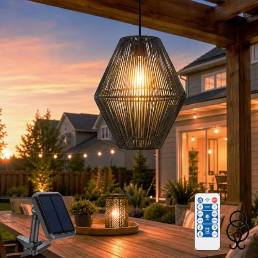 

Outdoor solar pendant light for porch, patio, gazebo, garden: waterproof aluminum lantern with warm white dimmable LED, remote