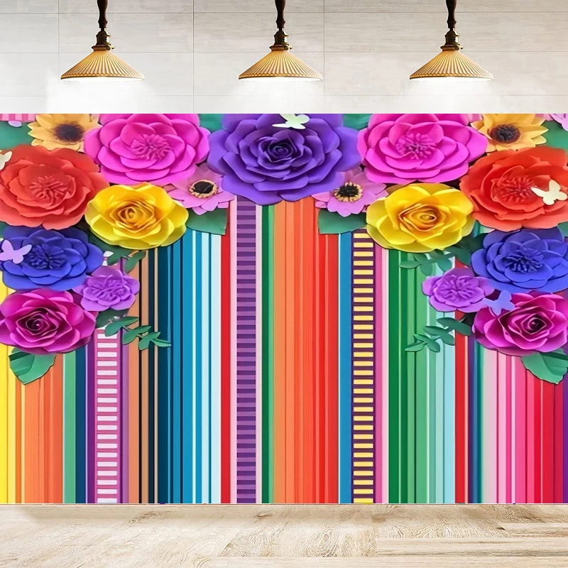 Fiesta Theme Party Photography Backdrop Cinco De Mayo Colorful Stripes Paper Flowers Mexican Festival Birthday Shower Background