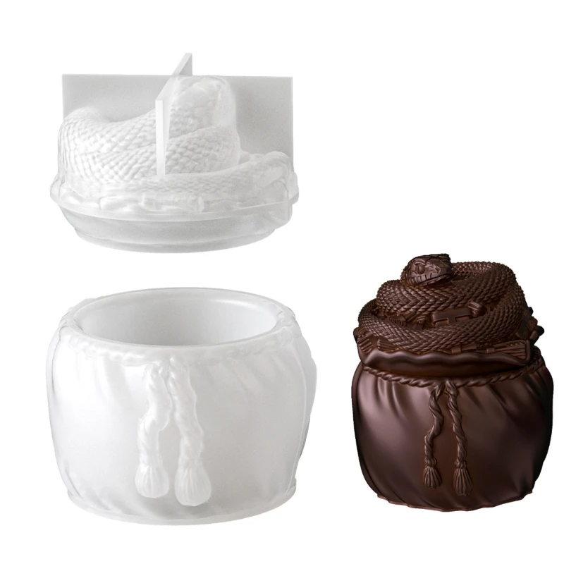 U4LF Two-Part Lidded Container Mold with Snake and Drawstring Bag Details for DIY Resin Crafts, Decorative Storage, and Custom