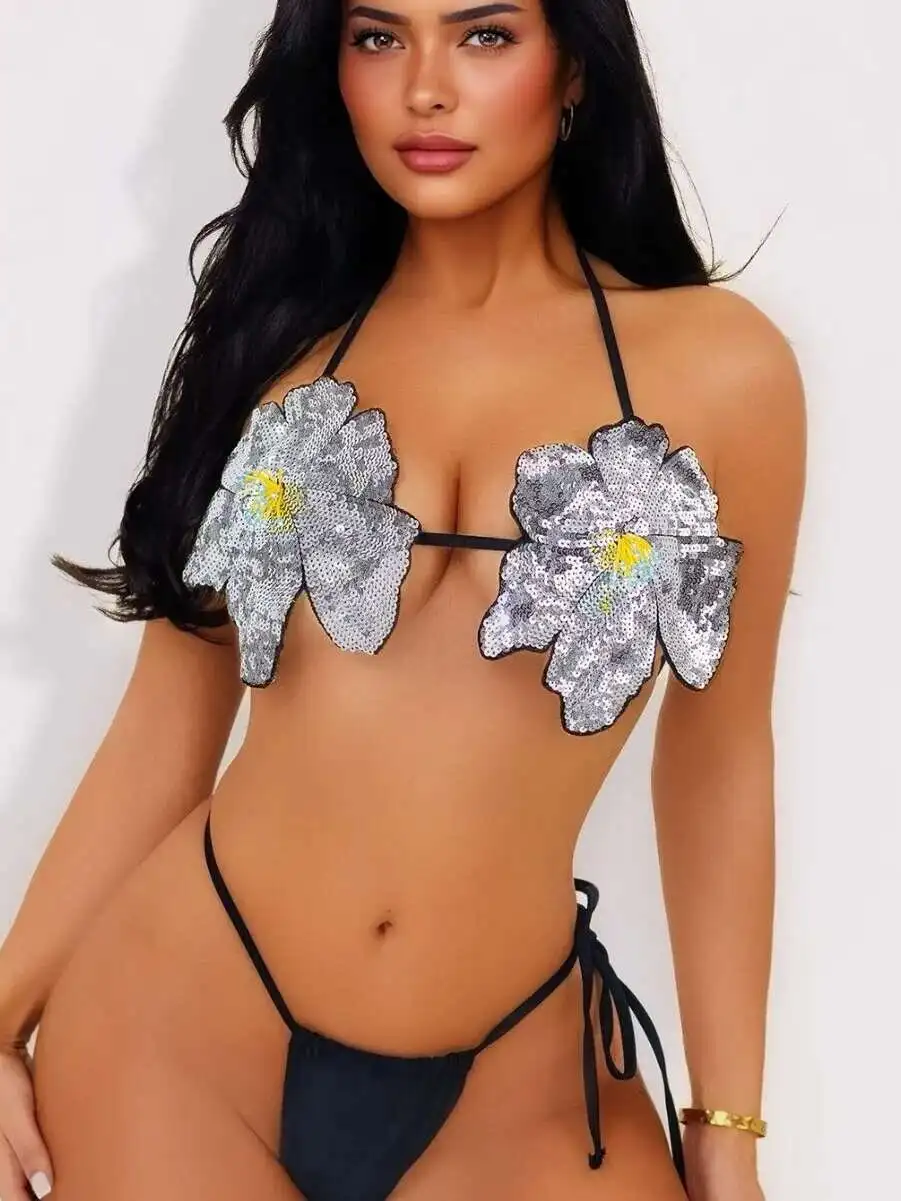 

Sparkling White Sequin Flower Hanging Neck Backless Bikini Swimsuit Strap Sexy Swimsuit For Women Charming Beautiful Shine 28NL