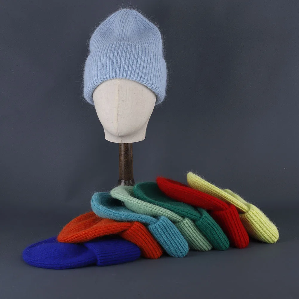 2024 Kaninchen Fell Mützen Weiche Warme Flauschige Winter Hut für Frauen Angora Gestrickte Hut Skullies Beanies Weibliche Motorhaube Frau Stricken Kappe – Detail 15