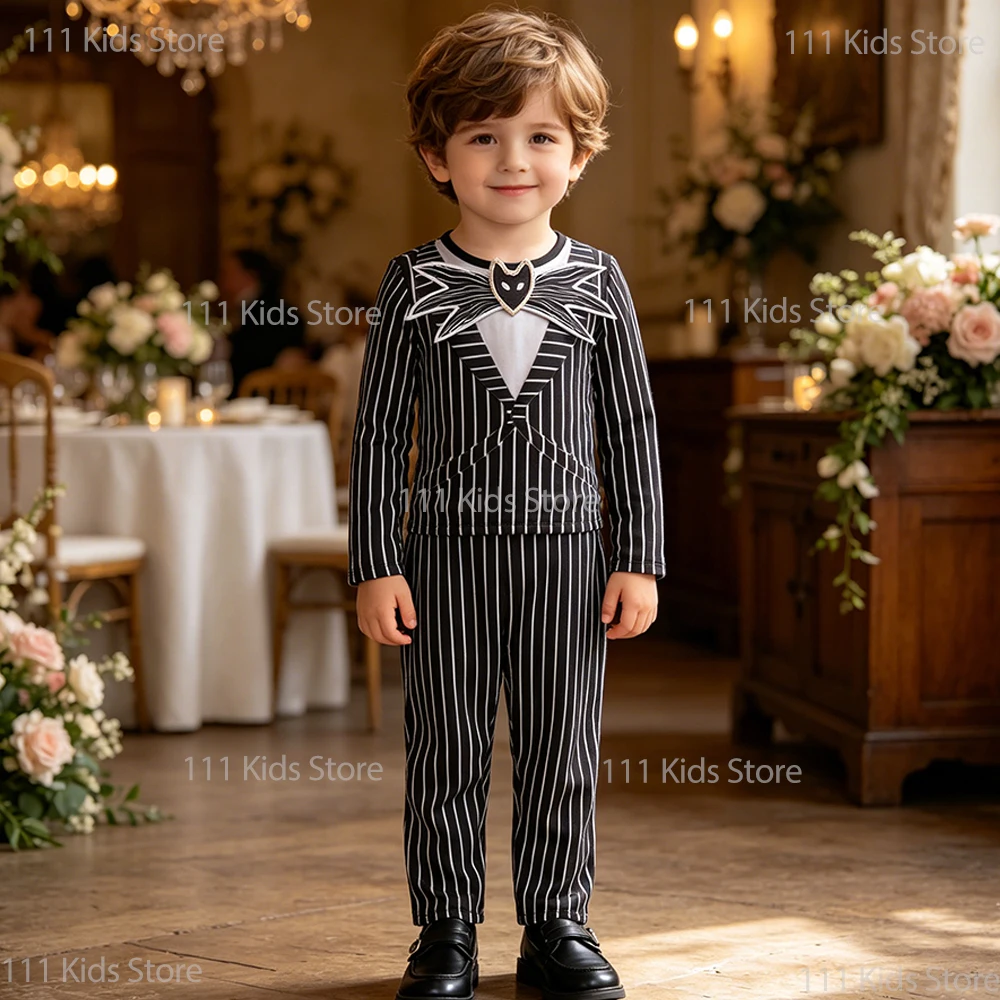 Striped Bat Formal Suit Nightmare Christmas Skeleton Jack Cosplay Sets for Children Stage Perform Costume Boys Birthday Gift