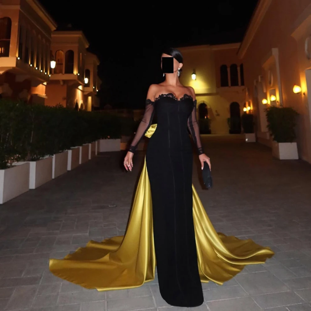 

Customied Black Velour Straight Evening Dress Lace ILLISION Sleeves Party Gown Gold Sweep Train Floor Length Elegant Prom Dress