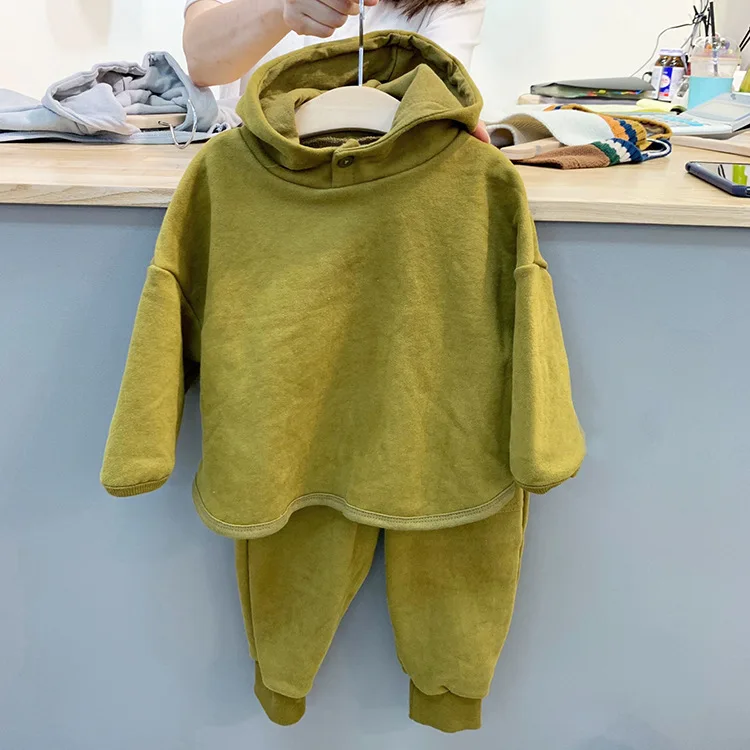 2020 Autumn Korean   Children\'s Clothing New Boys and Girls Fashion Simple Button Hooded Pullover Hoodie Suit