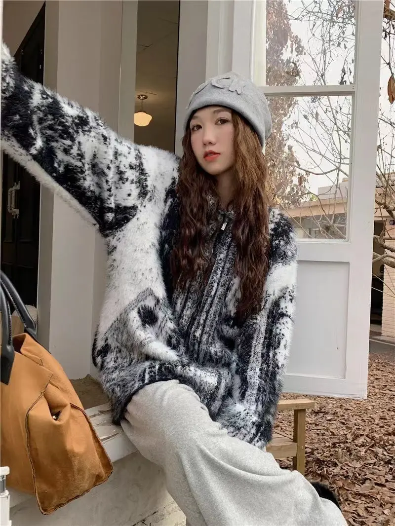 Tie Dye Autumn Winter Thickened Plush Imitation Mink Wool Knitted Sweater Cardigan Fashion Zipper Coat Women Men Casual Clothes