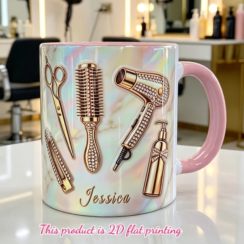 Custom Name Ceramic Mug 11oz Pearl Hair Tool Design Gift for Hairstylist Beautician Salon Owner Birthday Christmas Teacher Back
