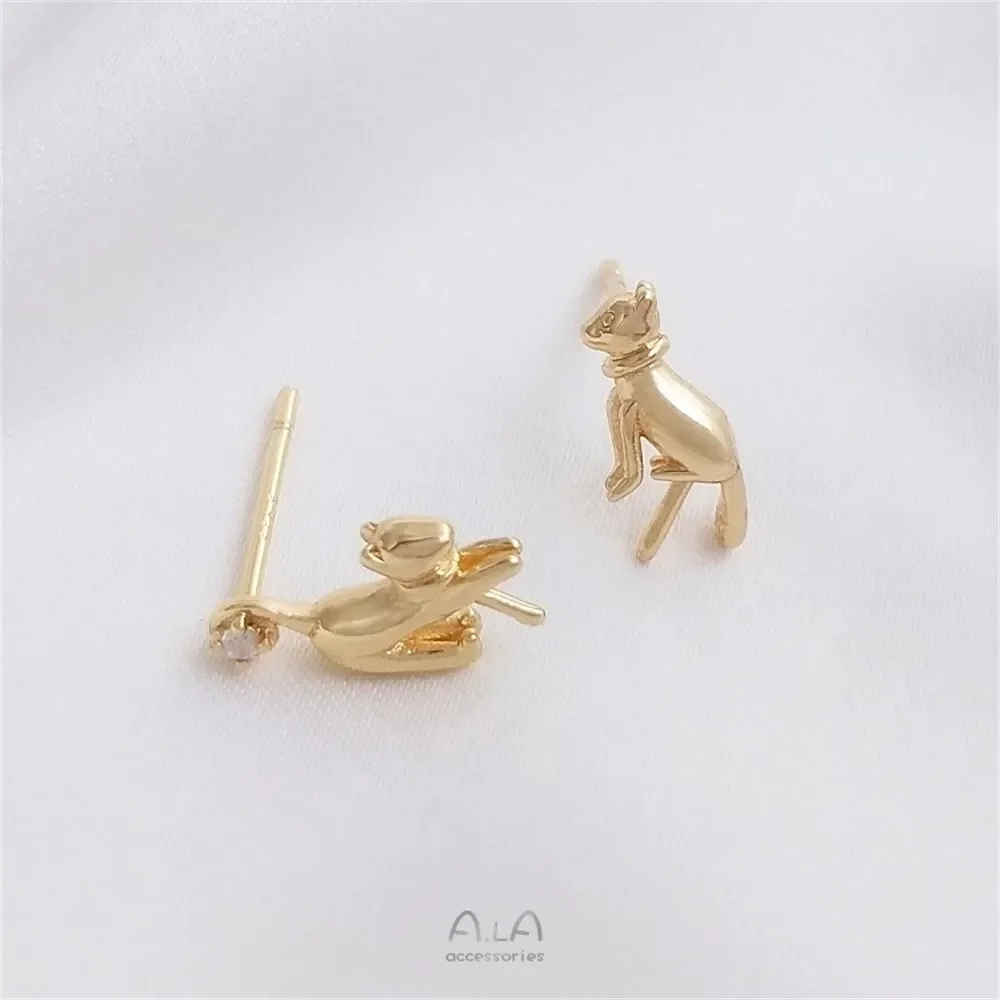 14K Gold-plated Cat Earrings with Half-hole Beading 925 Silver Needle Beading Handmade Diy Pearl Jewelry Accessories E145